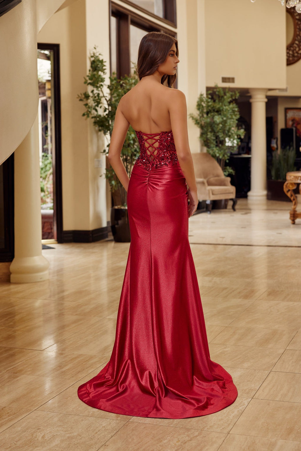 Strapless Elegant Evening Gown w/ Sparkling Sequins Embroidery & Lace Up Back NXC1630