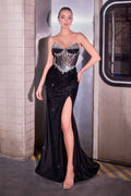 Rhinestones Embellished Floor Lenght Tulle Gala Dress w/ Sheer Corset & Basque Waistline CDCC490