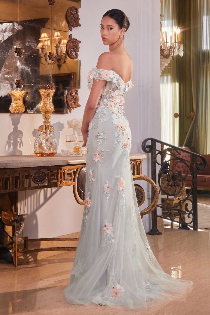 OFF THE SHOULDER FLORAL APPLIQUE GOWN CDCD005