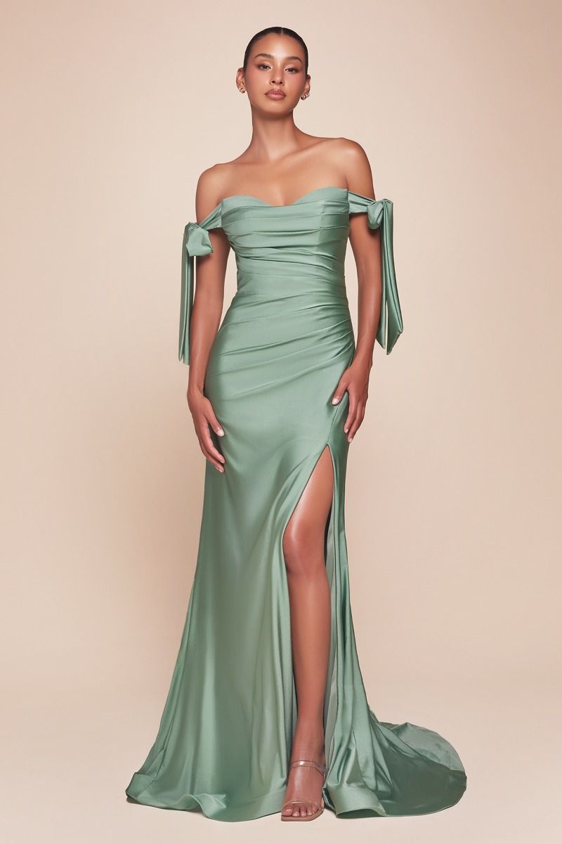 Off-Shoulder Stretch Jersey Bridesmaid Gown w/ Bow Straps & High Leg Slit CDCD943