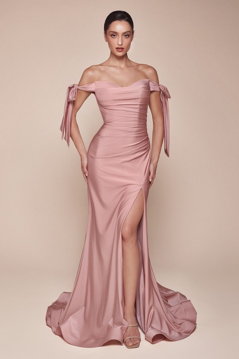 Off-Shoulder Stretch Jersey Bridesmaid Gown w/ Bow Straps & High Leg Slit CDCD943
