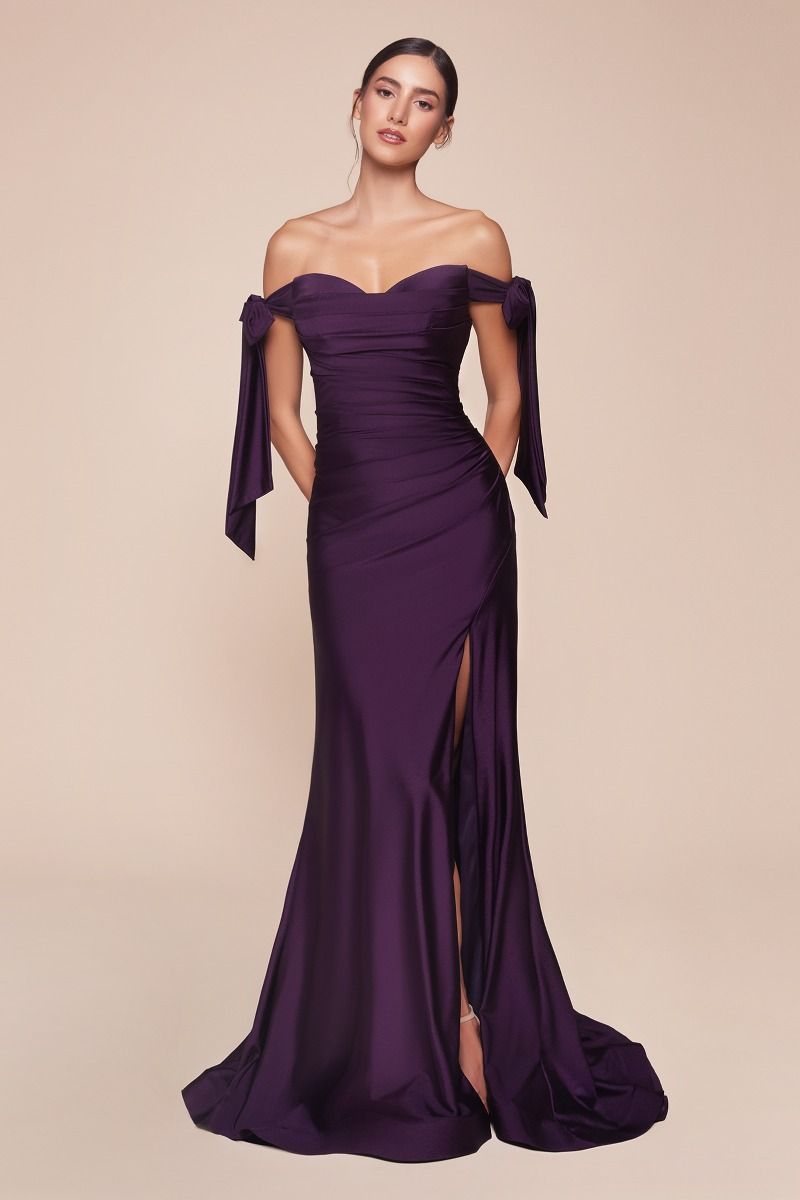 Off-Shoulder Stretch Jersey Bridesmaid Gown w/ Bow Straps & High Leg Slit CDCD943