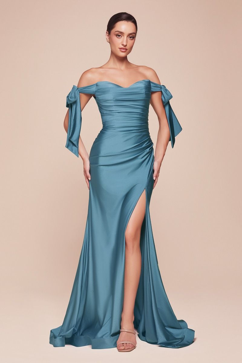 Off-Shoulder Stretch Jersey Bridesmaid Gown w/ Bow Straps & High Leg Slit CDCD943