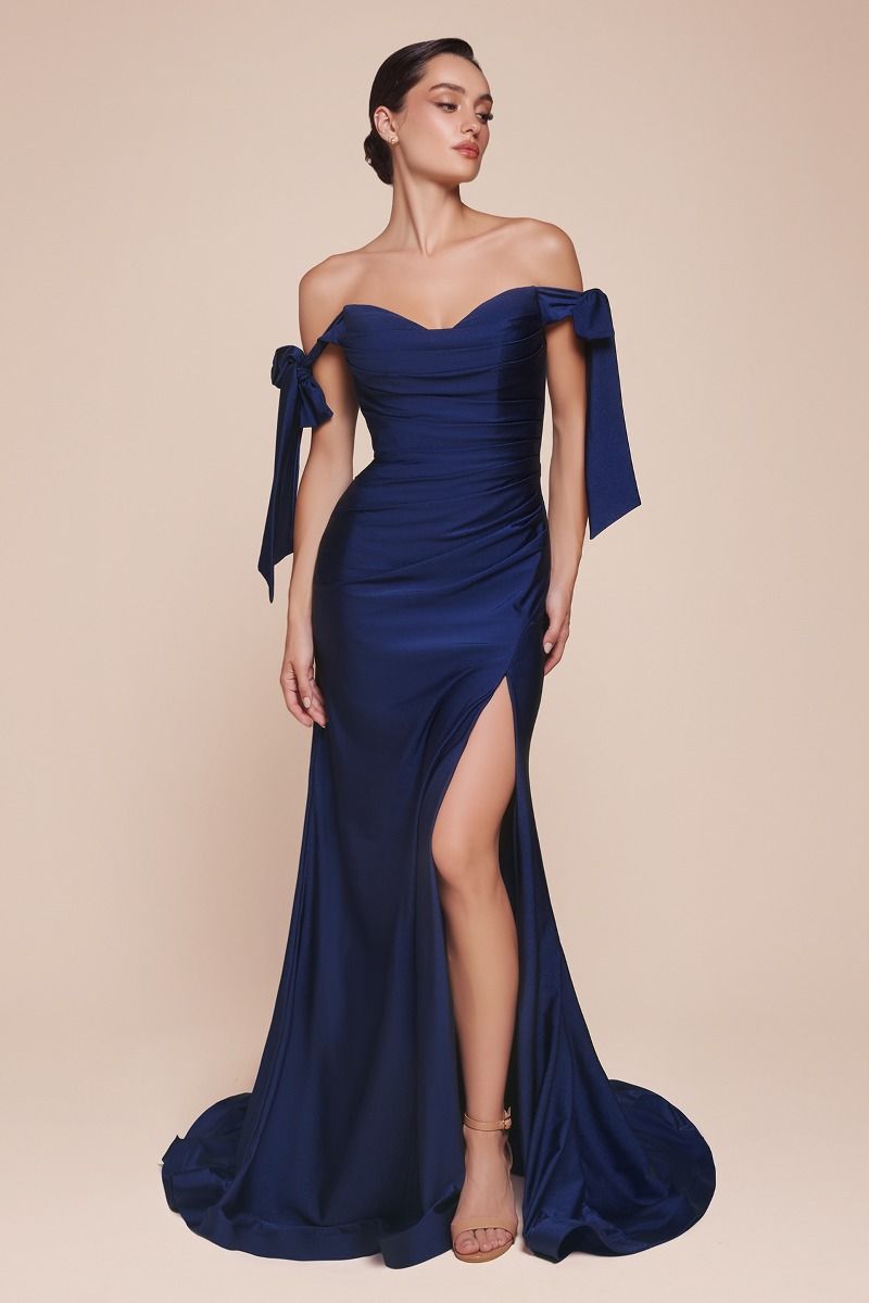 Off-Shoulder Stretch Jersey Bridesmaid Gown w/ Bow Straps & High Leg Slit CDCD943
