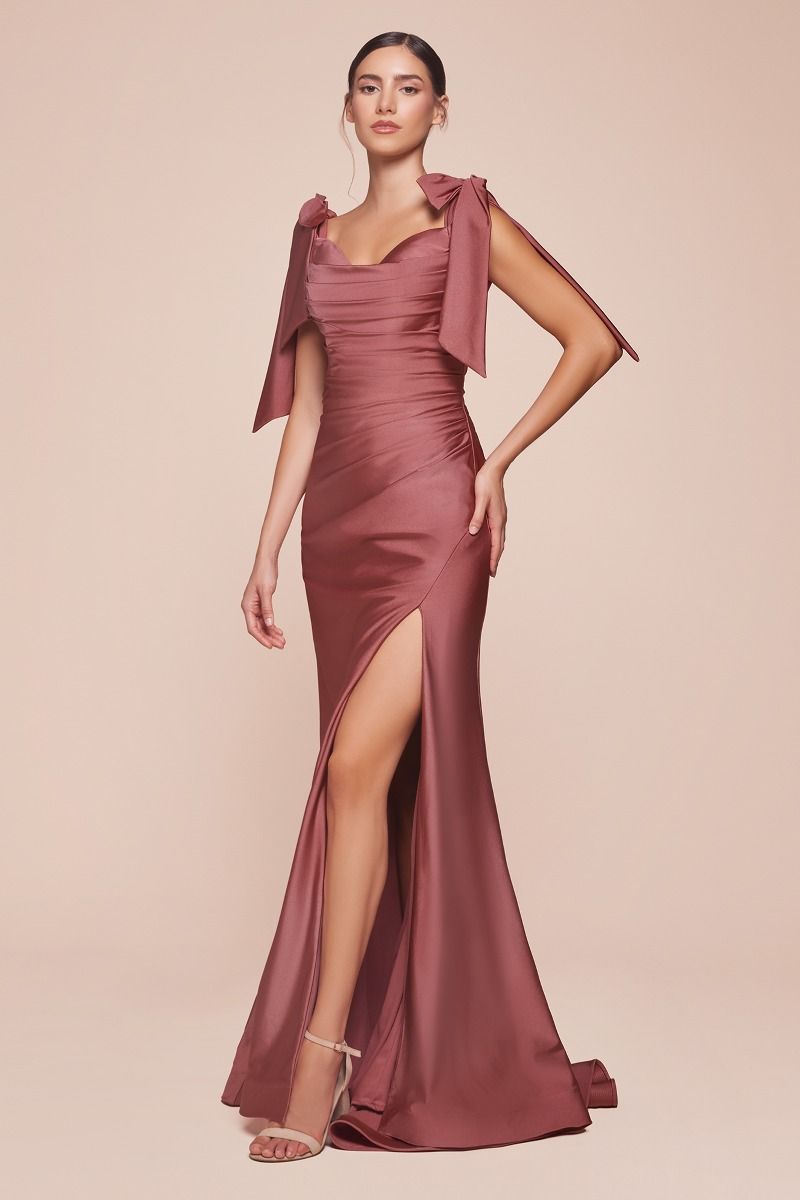 Off-Shoulder Stretch Jersey Bridesmaid Gown w/ Bow Straps & High Leg Slit CDCD943