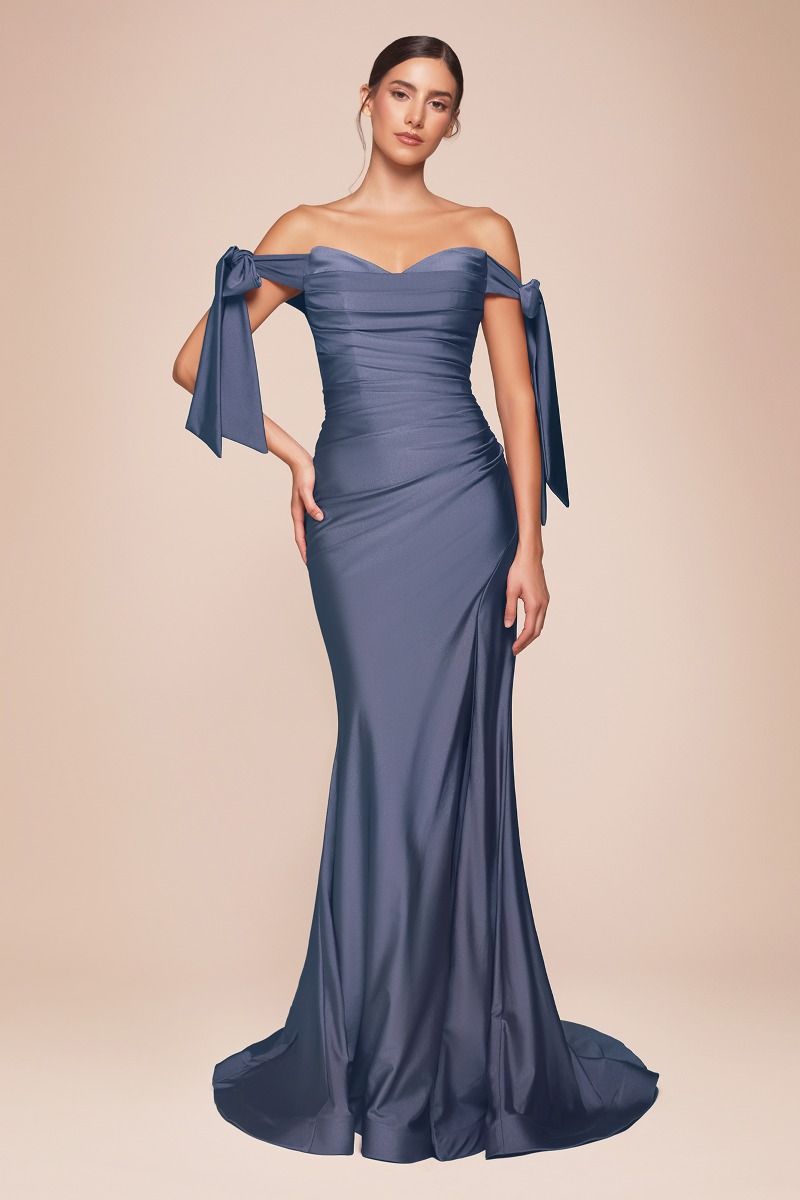 Off-Shoulder Stretch Jersey Bridesmaid Gown w/ Bow Straps & High Leg Slit CDCD943