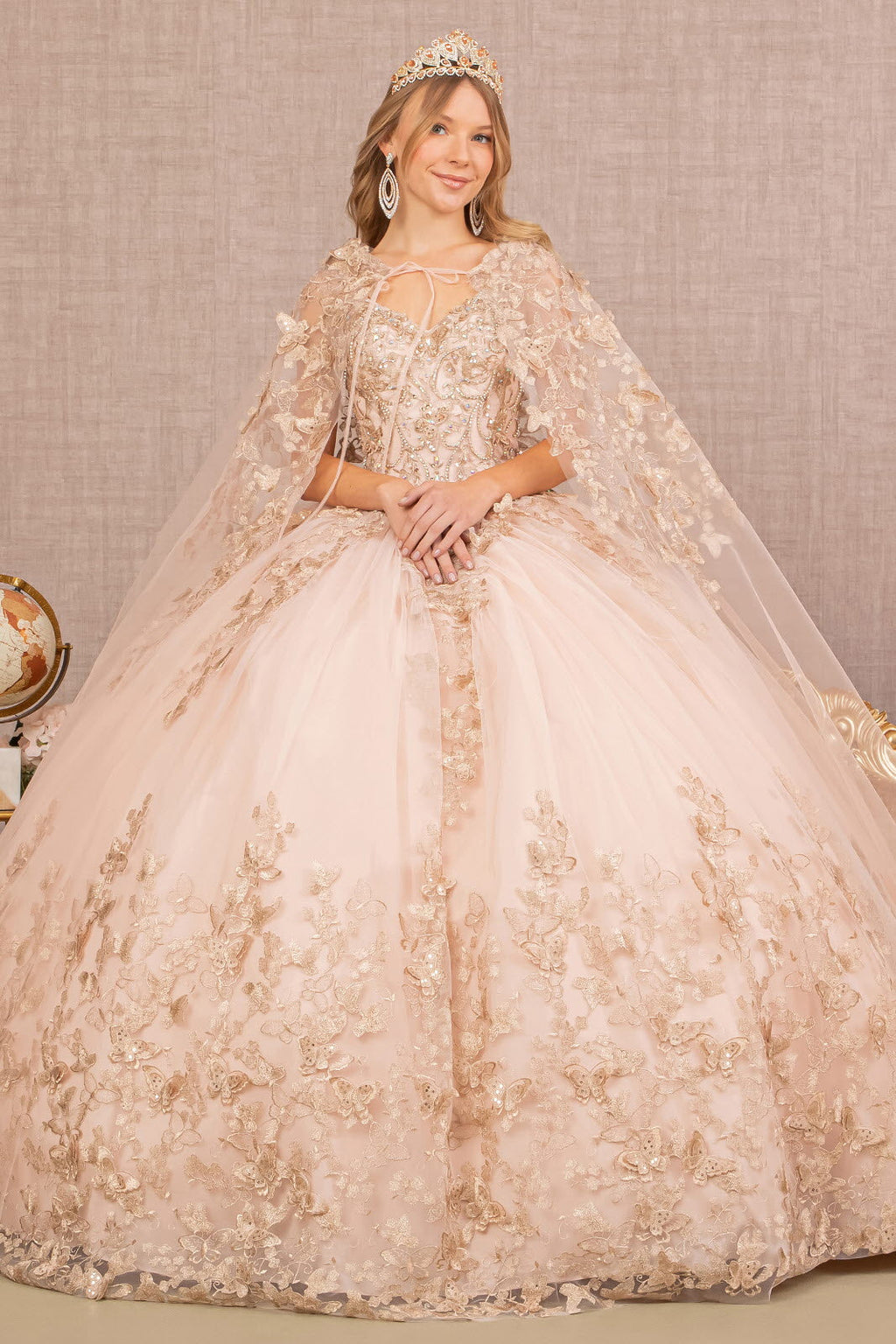 Jewel Mesh w/ 3D Butterfly Appliques and Long Mesh Cape Quinceanera Dress GLGL3104
