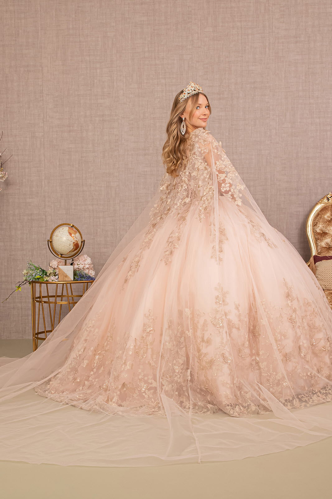 Jewel Mesh w/ 3D Butterfly Appliques and Long Mesh Cape Quinceanera Dress GLGL3104