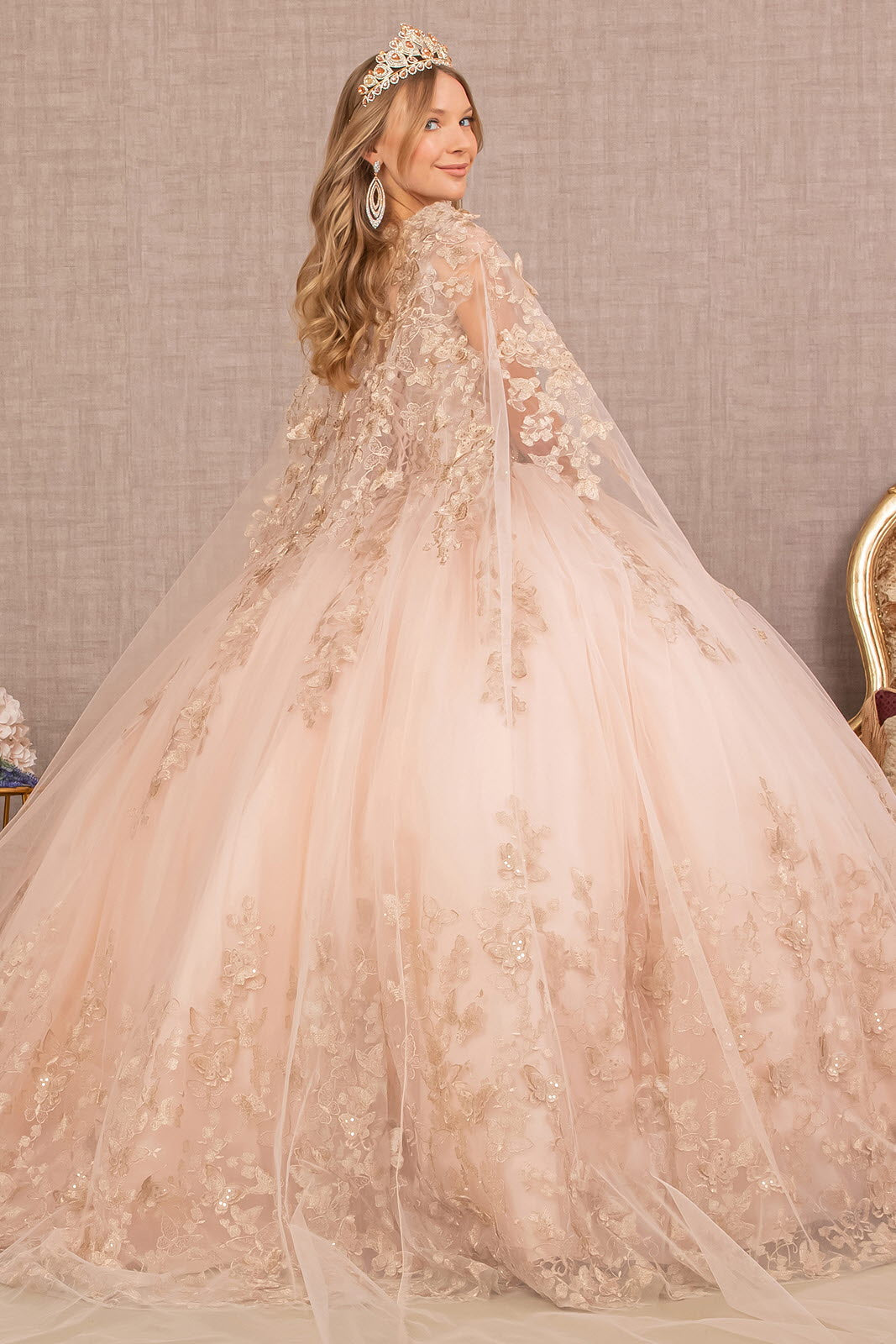 Jewel Mesh w/ 3D Butterfly Appliques and Long Mesh Cape Quinceanera Dress GLGL3104