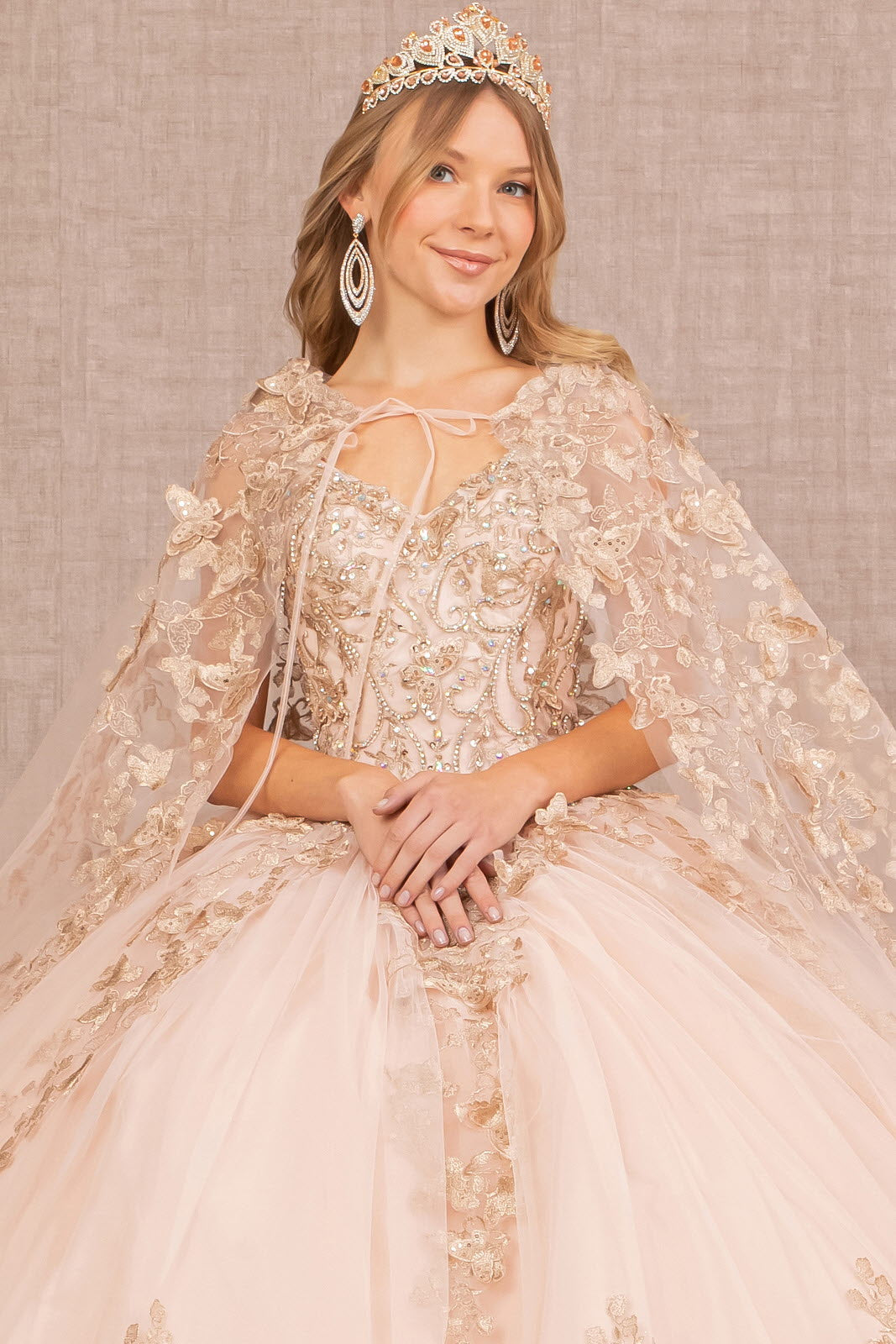 Jewel Mesh w/ 3D Butterfly Appliques and Long Mesh Cape Quinceanera Dress GLGL3104