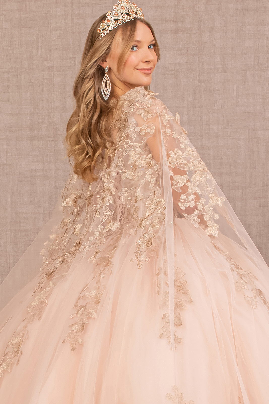 Jewel Mesh w/ 3D Butterfly Appliques and Long Mesh Cape Quinceanera Dress GLGL3104