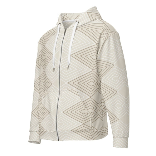 Mens Full Zip Graphic Hoodie - Beige Brown Aztec Geometric Lines
